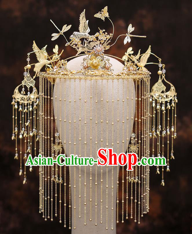 Top Chinese Traditional Bride Tassel Golden Cranes Hair Crown Handmade Hairpins Wedding Hair Accessories Complete Set