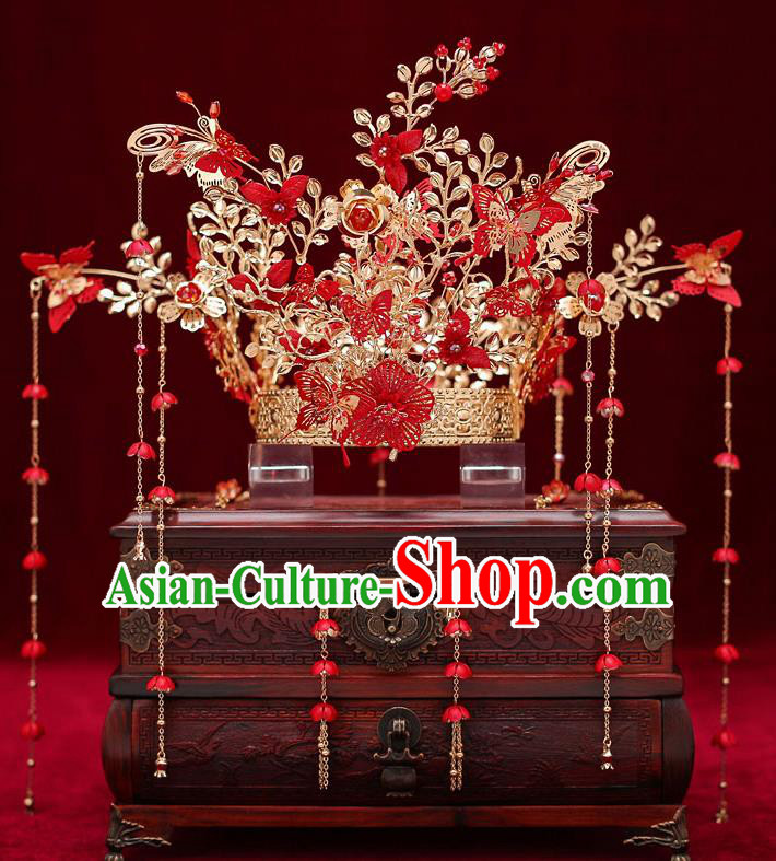 Top Chinese Traditional Bride Golden Hair Crown Handmade Hairpins Wedding Hair Accessories Complete Set