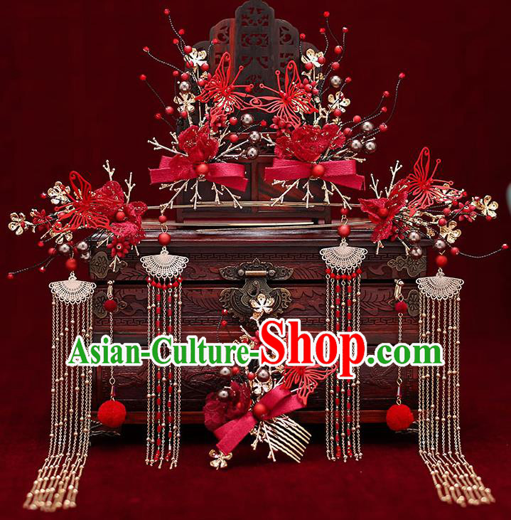 Top Chinese Traditional Bride Red Bowknot Hair Comb Handmade Hairpins Wedding Hair Accessories Complete Set