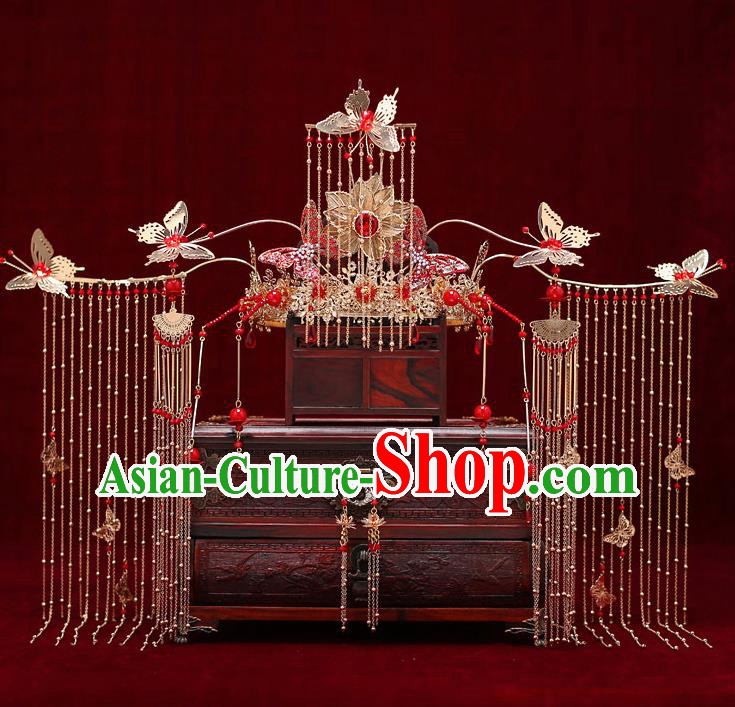 Top Chinese Traditional Bride Lotus Phoenix Coronet Handmade Hairpins Wedding Hair Accessories Complete Set