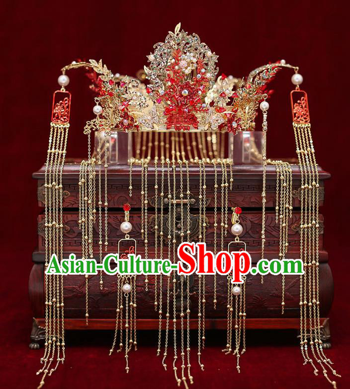 Top Chinese Traditional Bride Phoenix Coronet Handmade Hairpins Wedding Hair Accessories Complete Set