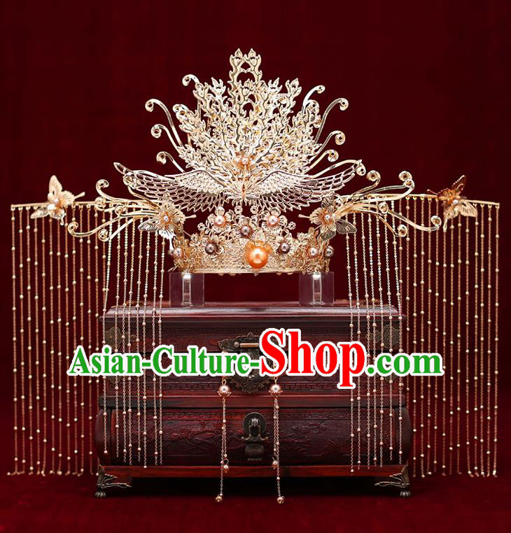 Top Chinese Traditional Bride Phoenix Coronet Handmade Golden Hairpins Wedding Hair Accessories Complete Set