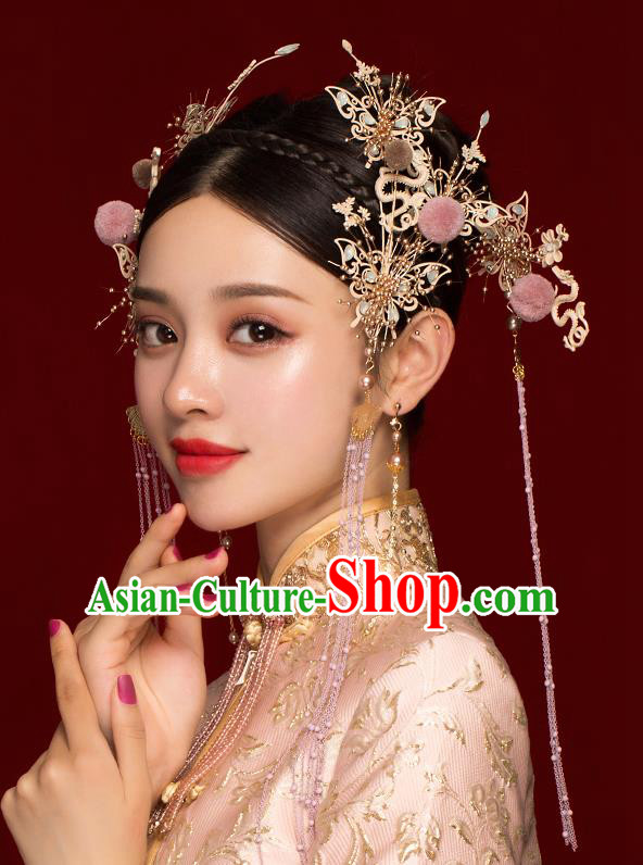 Top Chinese Traditional Bride Pink Venonat Tassel Hair Claws Handmade Hairpins Wedding Hair Accessories Complete Set