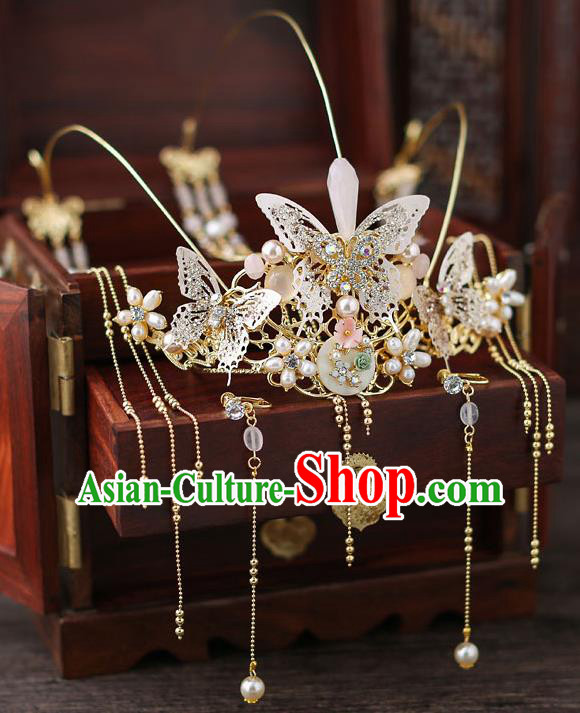 Top Chinese Traditional Bride Butterfly Tassel Hair Crown Handmade Hairpins Wedding Hair Accessories Complete Set