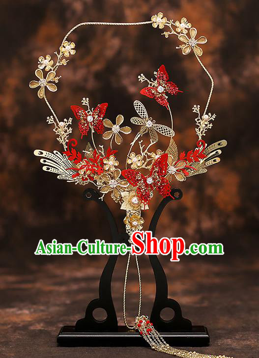 Chinese Traditional Wedding Prop Red Butterfly Fan Ancient Bride Palace Fans for Women