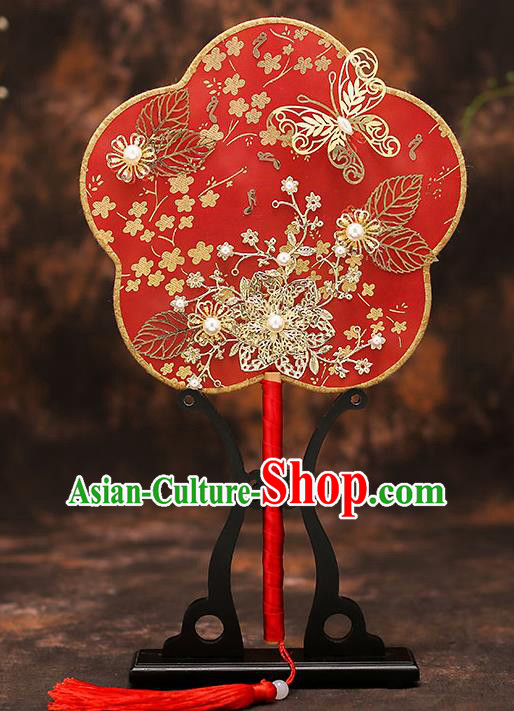 Chinese Traditional Wedding Prop Red Silk Plum Fan Ancient Bride Palace Fans for Women