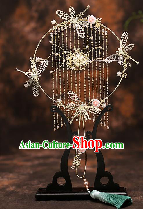 Chinese Traditional Wedding Prop Golden Dragonfly Tassel Fan Ancient Bride Palace Fans for Women