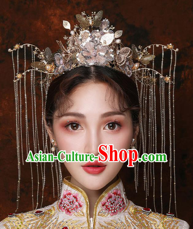 Top Chinese Traditional Bride Golden Hair Crown Handmade Hairpins Wedding Hair Accessories Complete Set