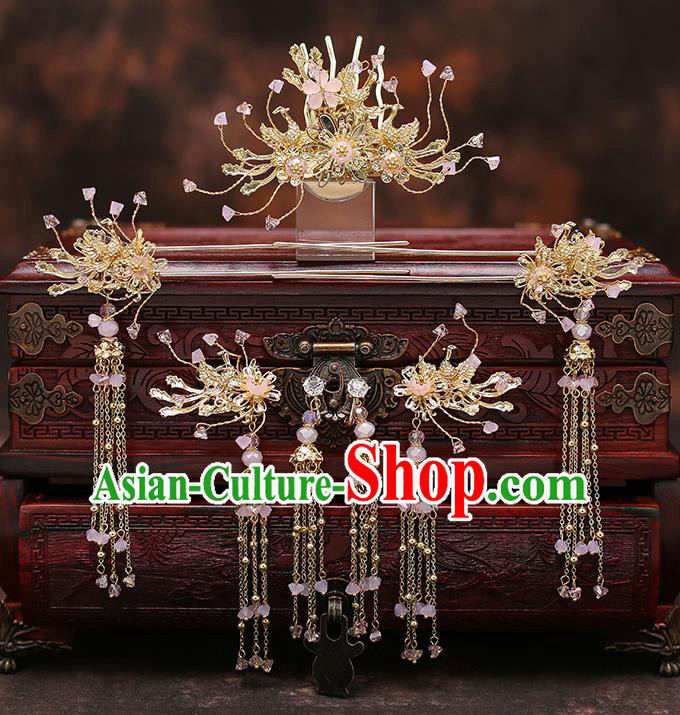 Top Chinese Traditional Bride Golden Hair Combs Handmade Tassel Hairpins Wedding Hair Accessories Complete Set