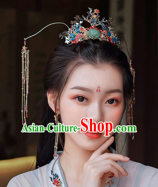 Top Chinese Traditional Bride Jade Lotus Tassel Phoenix Coronet Handmade Wedding Tassel Hairpins Hair Accessories Complete Set