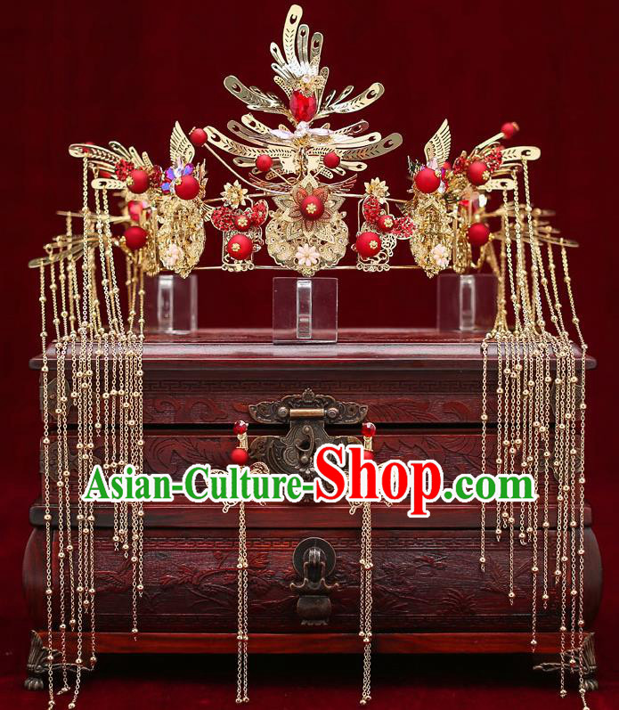 Top Chinese Traditional Bride Red Beads Tassel Phoenix Coronet Handmade Wedding Tassel Hairpins Hair Accessories Complete Set