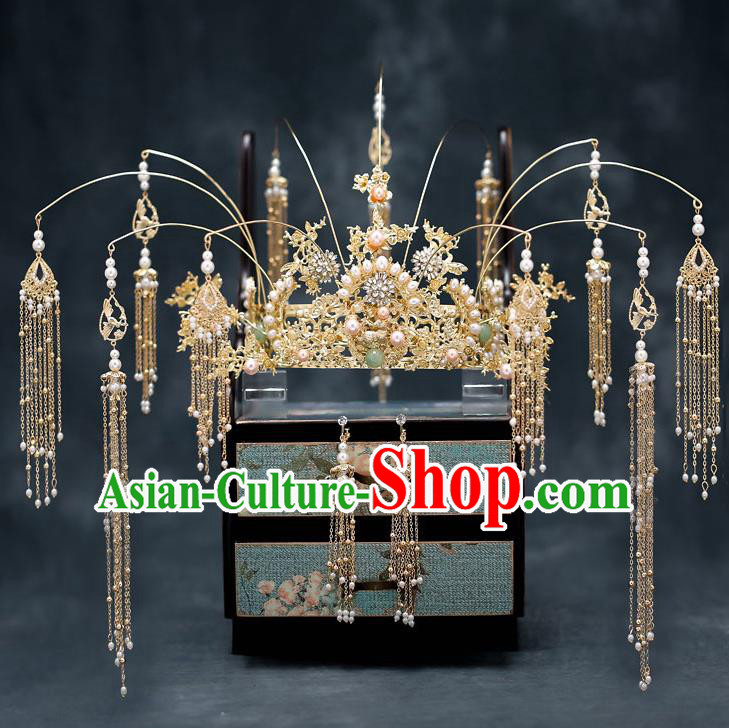 Top Chinese Traditional Bride Luxury Pearls Phoenix Coronet Handmade Tassel Hairpins Wedding Hair Accessories Complete Set