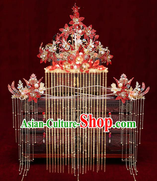 Top Chinese Traditional Bride Luxury Tassel Red Phoenix Coronet Handmade Tassel Hairpins Wedding Hair Accessories Complete Set