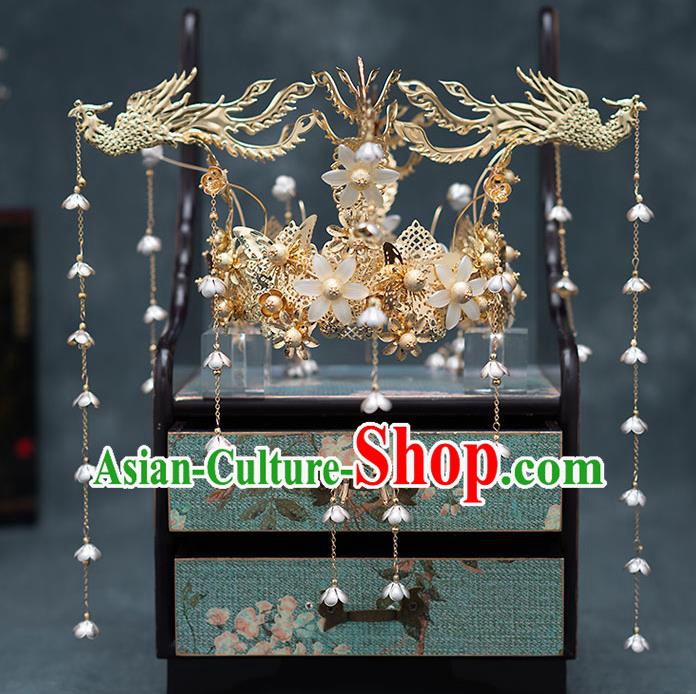 Top Chinese Traditional Bride Luxury Phoenix Tassel Hair Crown Handmade Hairpins Wedding Hair Accessories Complete Set