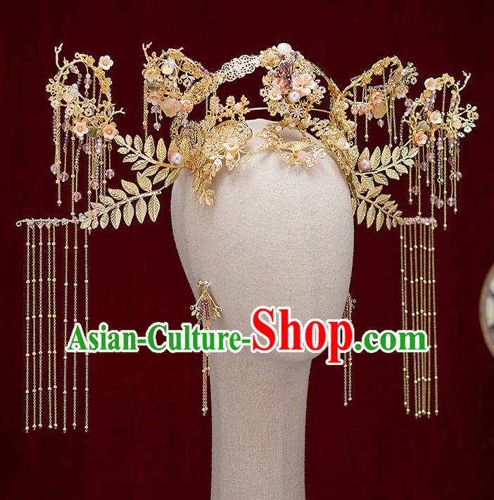 Top Chinese Traditional Bride Deluxe Phoenix Coronet Handmade Hairpins Wedding Hair Accessories Complete Set