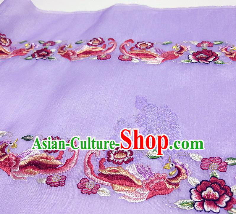 Asian Chinese Traditional Embroidered Phoenix Peony Pattern Design Purple Silk Fabric China Hanfu Silk Material