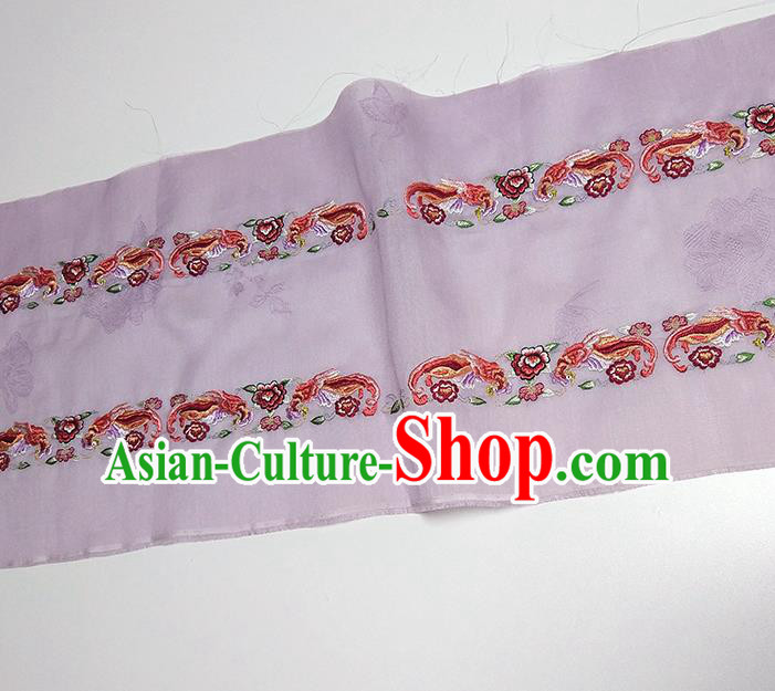 Asian Chinese Traditional Embroidered Phoenix Peony Pattern Design Lilac Silk Fabric China Hanfu Silk Material