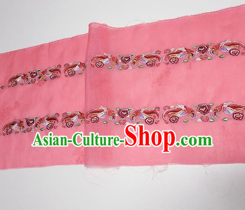 Asian Chinese Traditional Embroidered Phoenix Peony Pattern Design Peach Pink Silk Fabric China Hanfu Silk Material