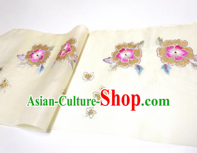 Asian Chinese Traditional Embroidered Flowers Pattern Design Beige Silk Fabric China Hanfu Silk Material