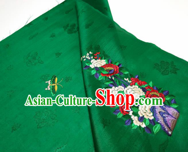 Asian Chinese Traditional Embroidered Peony Butterfly Pattern Design Green Silk Fabric China Hanfu Silk Material