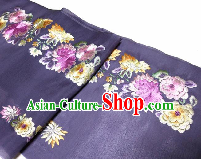 Asian Chinese Traditional Embroidered Chrysanthemum Peony Pattern Design Purple Silk Fabric China Hanfu Silk Material