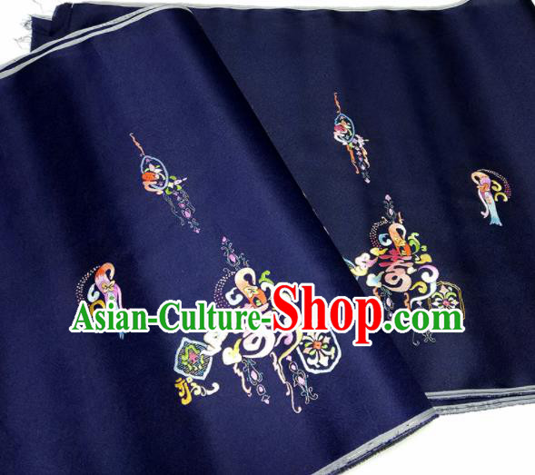 Asian Chinese Traditional Embroidered Longevity Pattern Design Navy Silk Fabric China Hanfu Silk Material