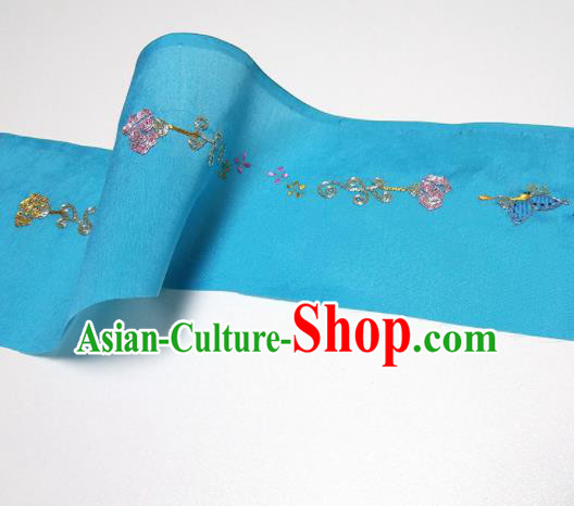 Asian Chinese Traditional Embroidered Butterfly Pattern Design Blue Silk Fabric China Hanfu Silk Material