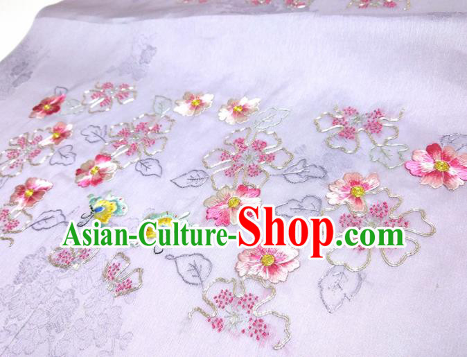 Asian Chinese Traditional Embroidered Flowers Butterfly Pattern Design Lilac Silk Fabric China Hanfu Silk Material