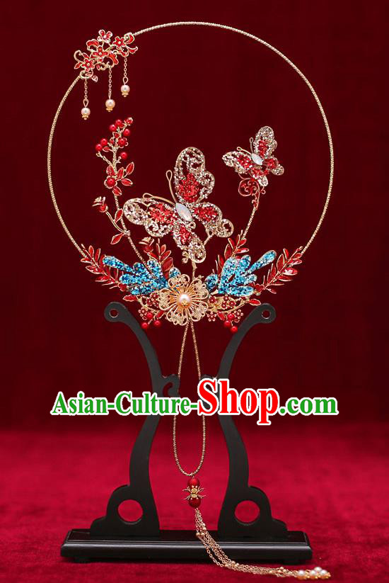 Chinese Traditional Wedding Prop Opal Butterfly Round Fan Ancient Bride Palace Fans for Women