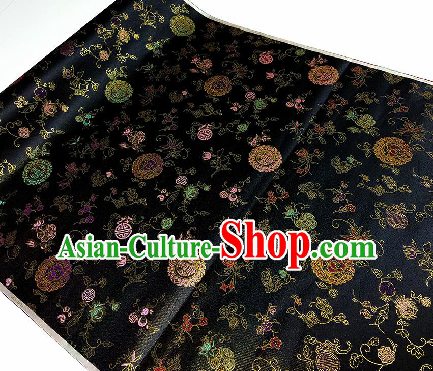 Asian Chinese Traditional Bamboo Peony Pattern Design Black Brocade Silk Fabric China Hanfu Satin Material