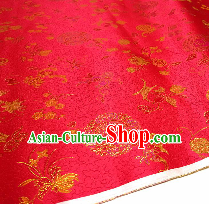 Asian Chinese Traditional Bamboo Peony Pattern Design Red Brocade Silk Fabric China Hanfu Satin Material