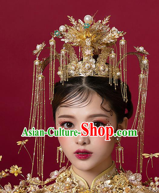 Top Chinese Traditional Bride Golden Luxury Phoenix Coronet Handmade Tassel Hairpins Wedding Hair Accessories Complete Set