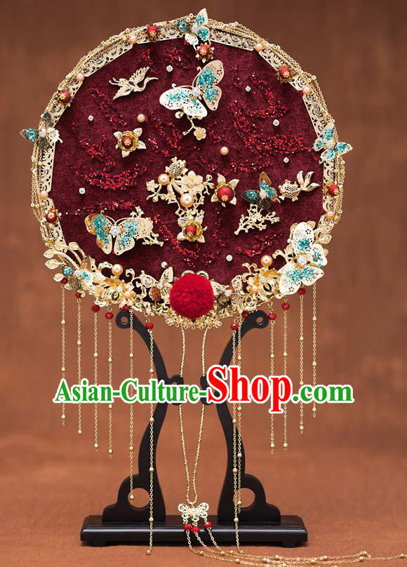 Chinese Traditional Wedding Prop Dark Red Round Fan Ancient Bride Palace Fans for Women