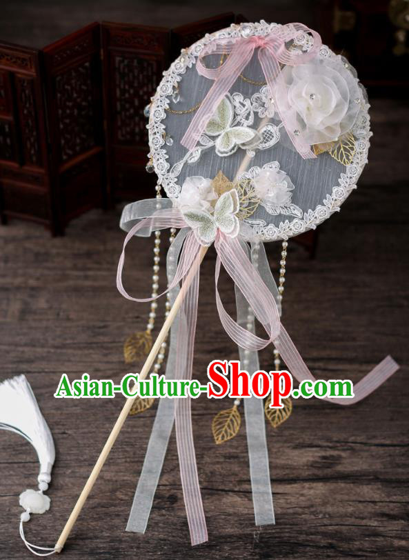 Chinese Traditional Wedding Prop Pink Silk Bowknot Round Fan Ancient Bride Palace Fans for Women