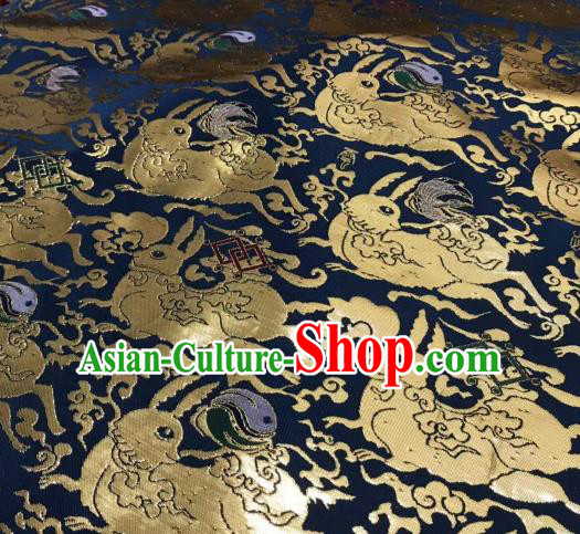 Asian Chinese Traditional Rabbits Pattern Design Deep Blue Brocade China Hanfu Satin Fabric Material