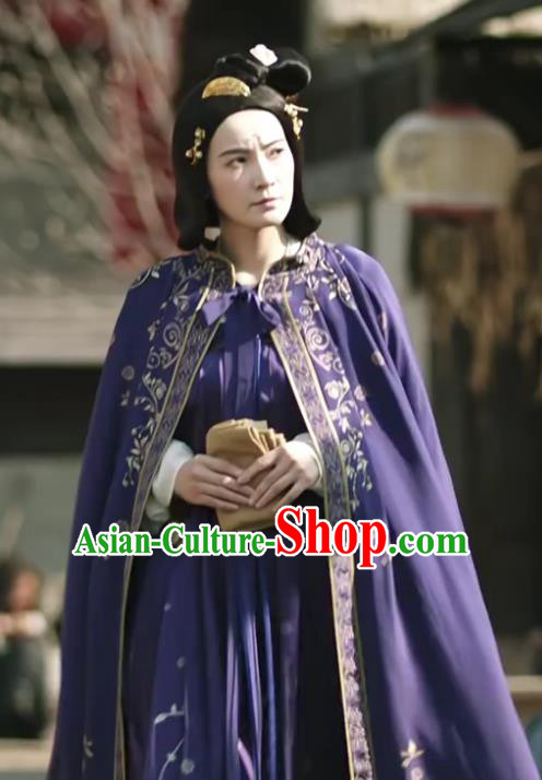 Chinese Ancient Tang Dynasty Woman Purple Dress Drama the Longest Day in Chang An Replica Costumes and Headpiece Complete Set