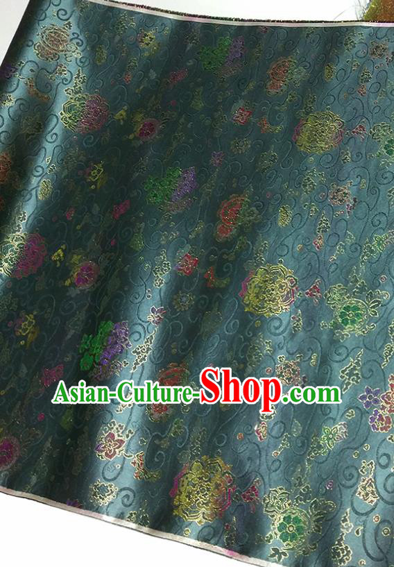 Asian Chinese Traditional Treasure Flowers Pattern Design Peacock Green Brocade Silk Fabric China Hanfu Satin Material