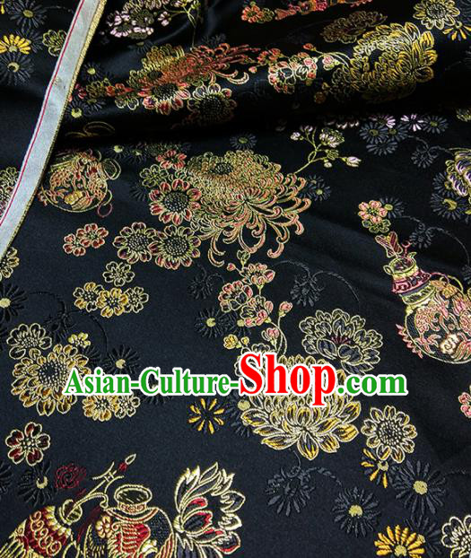 Asian Chinese Traditional Chrysanthemum Pattern Design Black Brocade Silk Fabric China Hanfu Satin Material