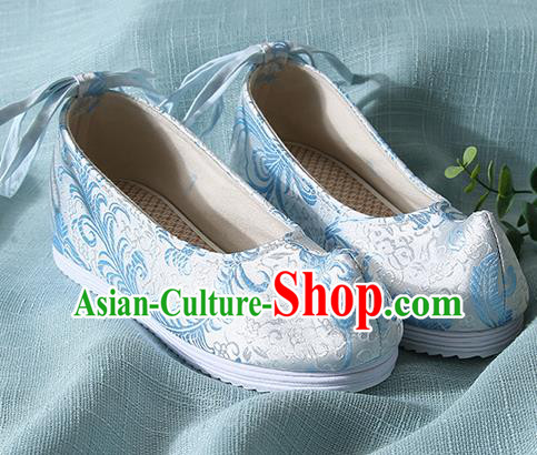 Chinese Handmade Blue Brocade Bow Shoes Traditional Ming Dynasty Hanfu Shoes Princess Shoes for Women