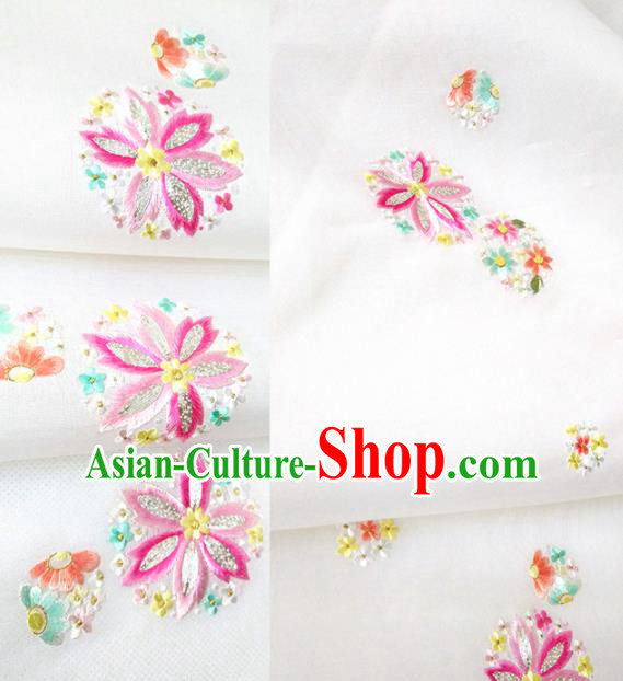 Chinese Traditional Embroidered Flowers Pattern Design White Silk Fabric Asian China Hanfu Silk Material