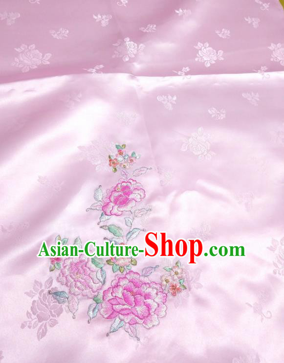 Chinese Traditional Embroidered Peony Pattern Design Pink Silk Fabric Asian Brocade China Hanfu Satin Material