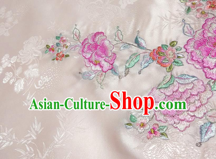 Chinese Traditional Embroidered Peony Pattern Design Light Pink Silk Fabric Asian Brocade China Hanfu Satin Material