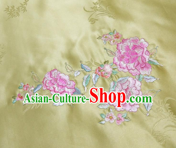 Chinese Traditional Embroidered Peony Pattern Design Light Green Silk Fabric Asian Brocade China Hanfu Satin Material