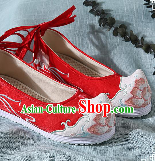 Chinese Handmade Red Embroidered Bow Shoes Traditional Ming Dynasty Hanfu Shoes Princess Shoes for Women