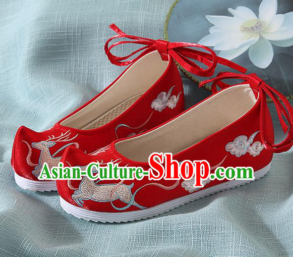 Chinese Handmade Embroidered Deer Red Bow Shoes Traditional Ming Dynasty Hanfu Shoes Princess Shoes for Women