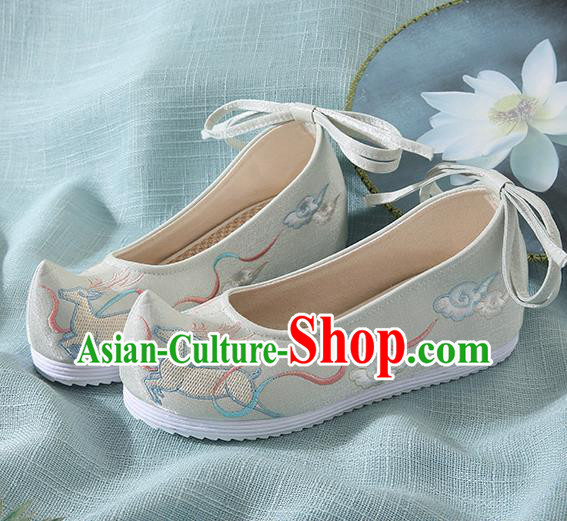 Chinese Handmade Embroidered Deer Light Green Bow Shoes Traditional Ming Dynasty Hanfu Shoes Princess Shoes for Women