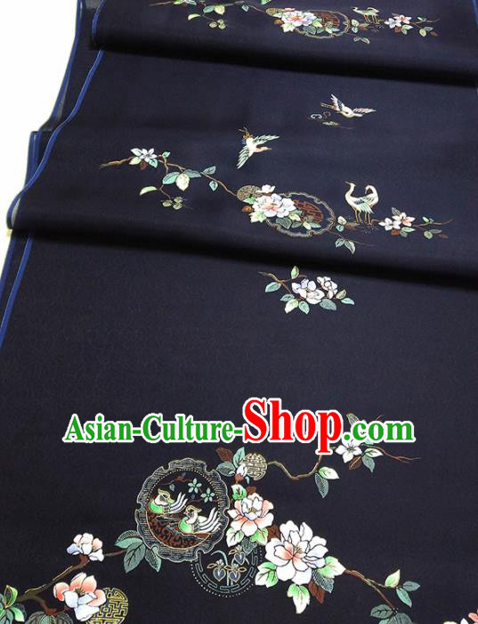 Chinese Traditional Crane Flowers Pattern Design Navy Silk Fabric Asian China Hanfu Silk Material