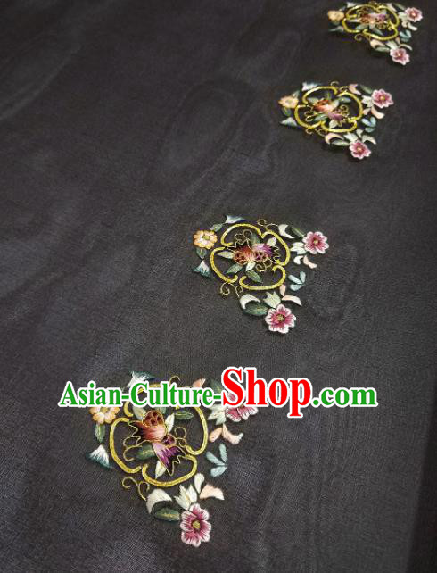 Chinese Traditional Embroidered Flowers Pattern Design Black Silk Fabric Asian China Hanfu Silk Material