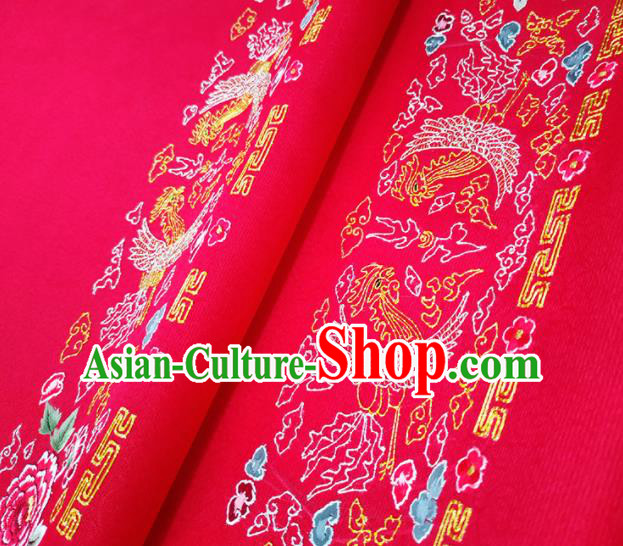 Chinese Traditional Embroidered Phoenix Peony Pattern Design Red Silk Fabric Asian China Hanfu Silk Material