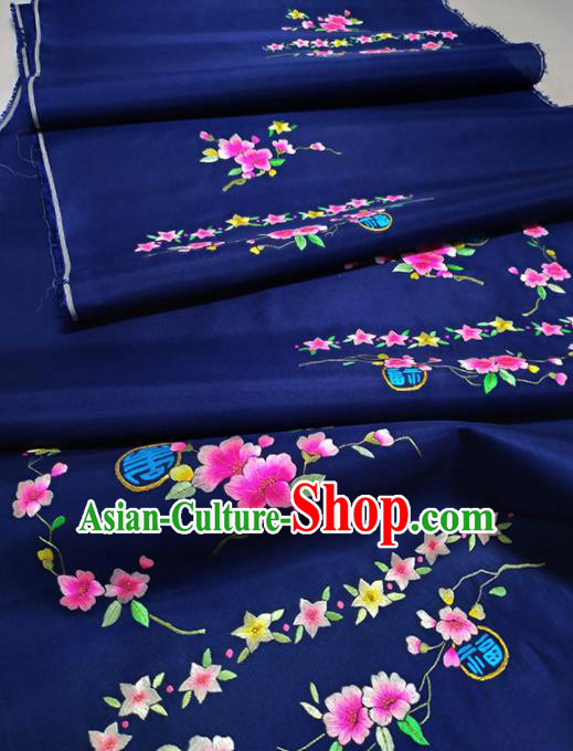 Chinese Traditional Embroidered Peach Flowers Pattern Design Royalblue Silk Fabric Asian China Hanfu Silk Material